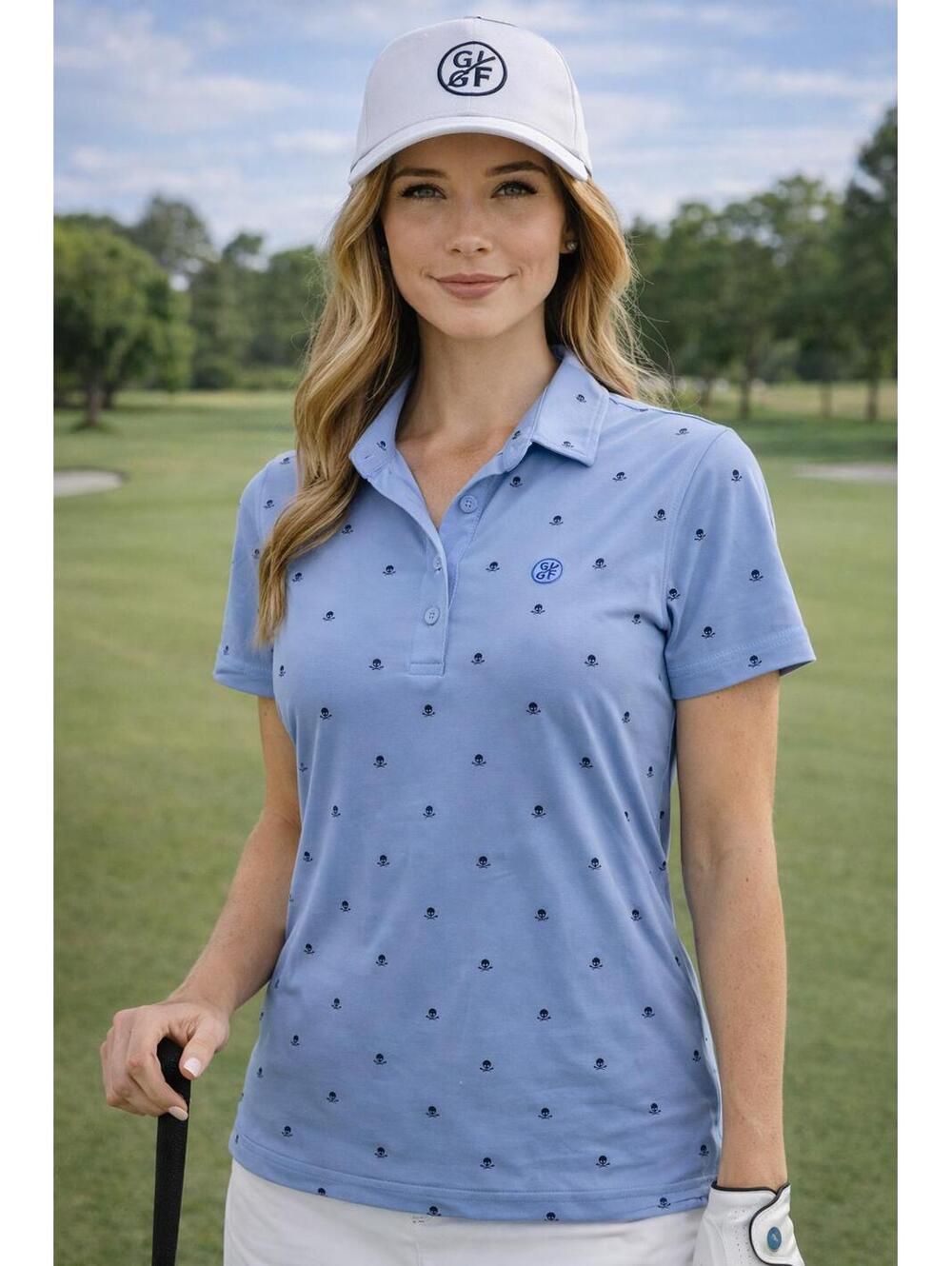 G/FORE Women’s Golf Polo Shirt Blue Skull Print Stretch Performance Top Size S
